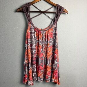 Free People Floral Boho Babydoll Tank Top S/P Sleeveless Festival Crochet Straps